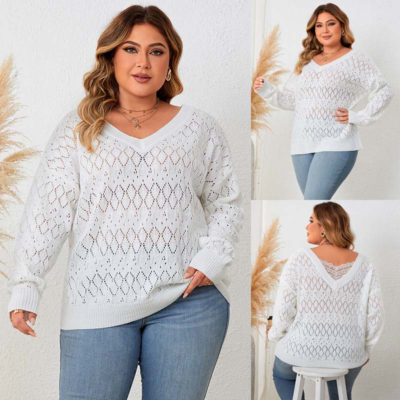fat women plus size hollow V-neck top pullover knit sweater-封面