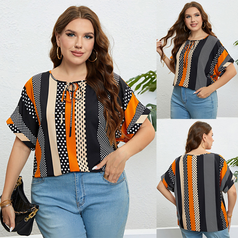 Summer patchwork crewneck loose women's top casual blous