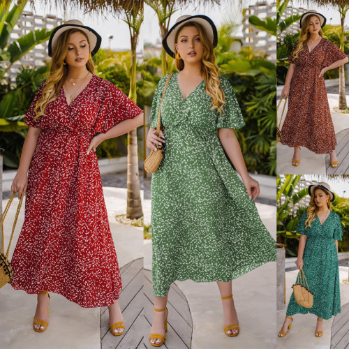 Summer Women Plus Size Floral Dress 大码短袖v领夏季连衣裙