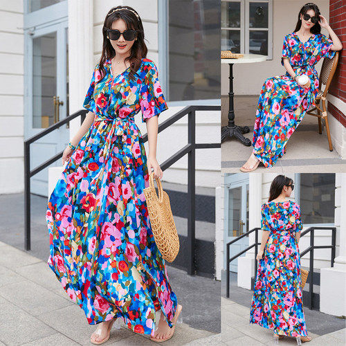 Women's 2025 Summer Maxi Long Floral Dress Flowy Beach Skirt
