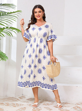 Fat Women Dresses Plus Size Flowy V-Neck Dress 大码连衣裙