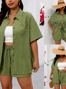 2025s Plus Size Women 2-Piece Set Shirt and Wide Leg Shorts