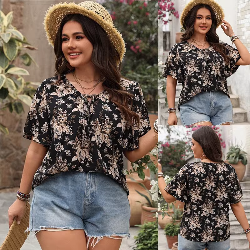 XL-4XL summer women print shirt casual plus size lady tops
