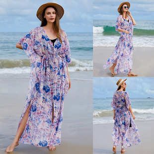 Women 2025 Summer Chiffon Cover Up Floral Print Beach Kimono