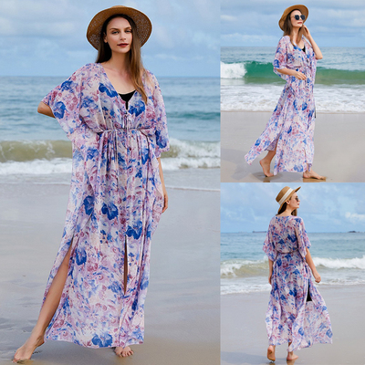 Women 2025 Summer Chiffon Cover Up Floral Print Beach Kimono