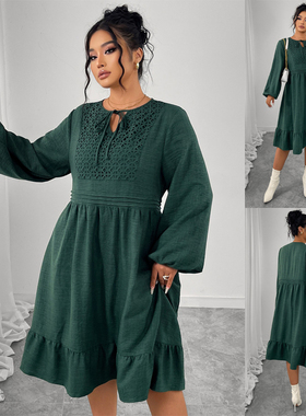 Relaxed Fit Bubble Sleeve Women Linen Blend Dress 大码连衣裙