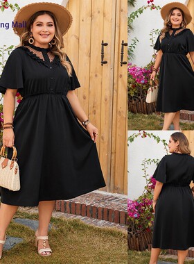 Plus Size V-Neck Lace Hollow-Out Elegant Black Summer Dress