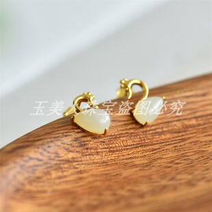 新疆天然和田玉白玉天鹅水滴925银耳钉女款玉石镶嵌耳饰精美耳环