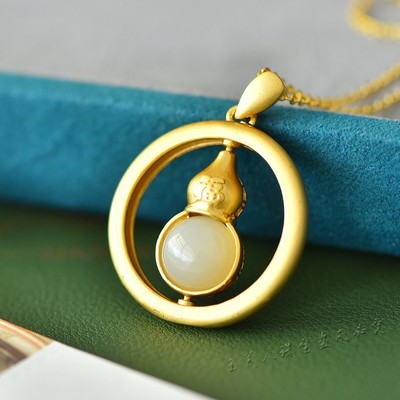 新疆天然和田玉圆珠葫芦吊坠福字挂件女款福禄玉石项链简约锁骨链