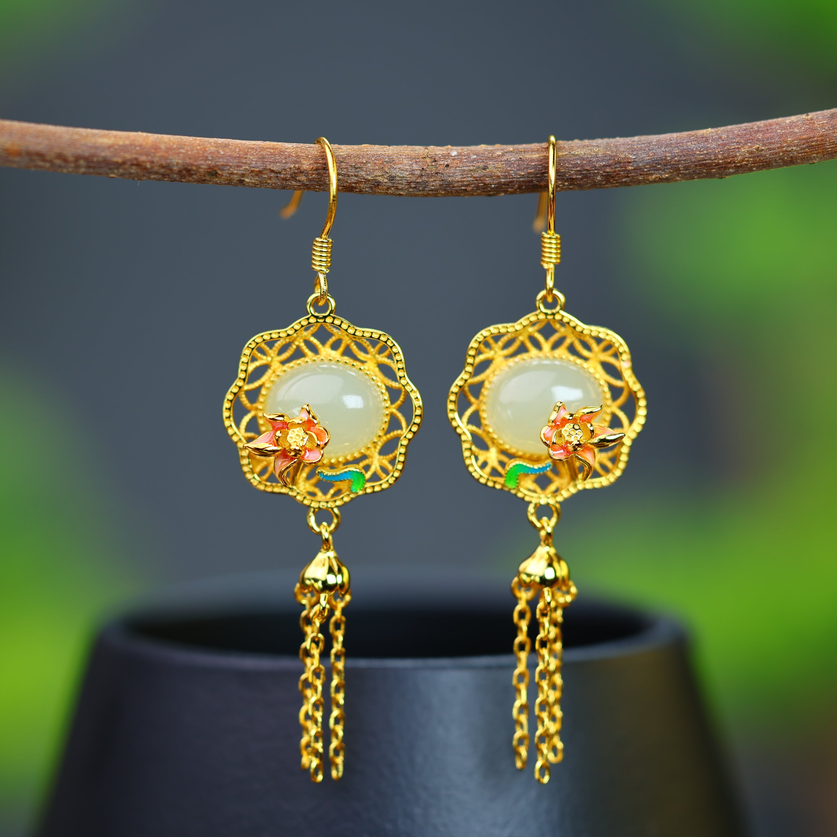 天然和田玉白玉925银流苏耳环