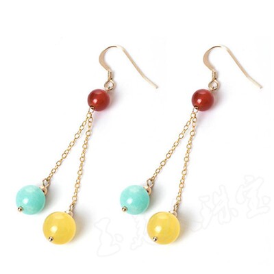 天然蜜蜡圆珠耳环长款18K包金耳坠天河石耳线简约时尚石榴石耳饰