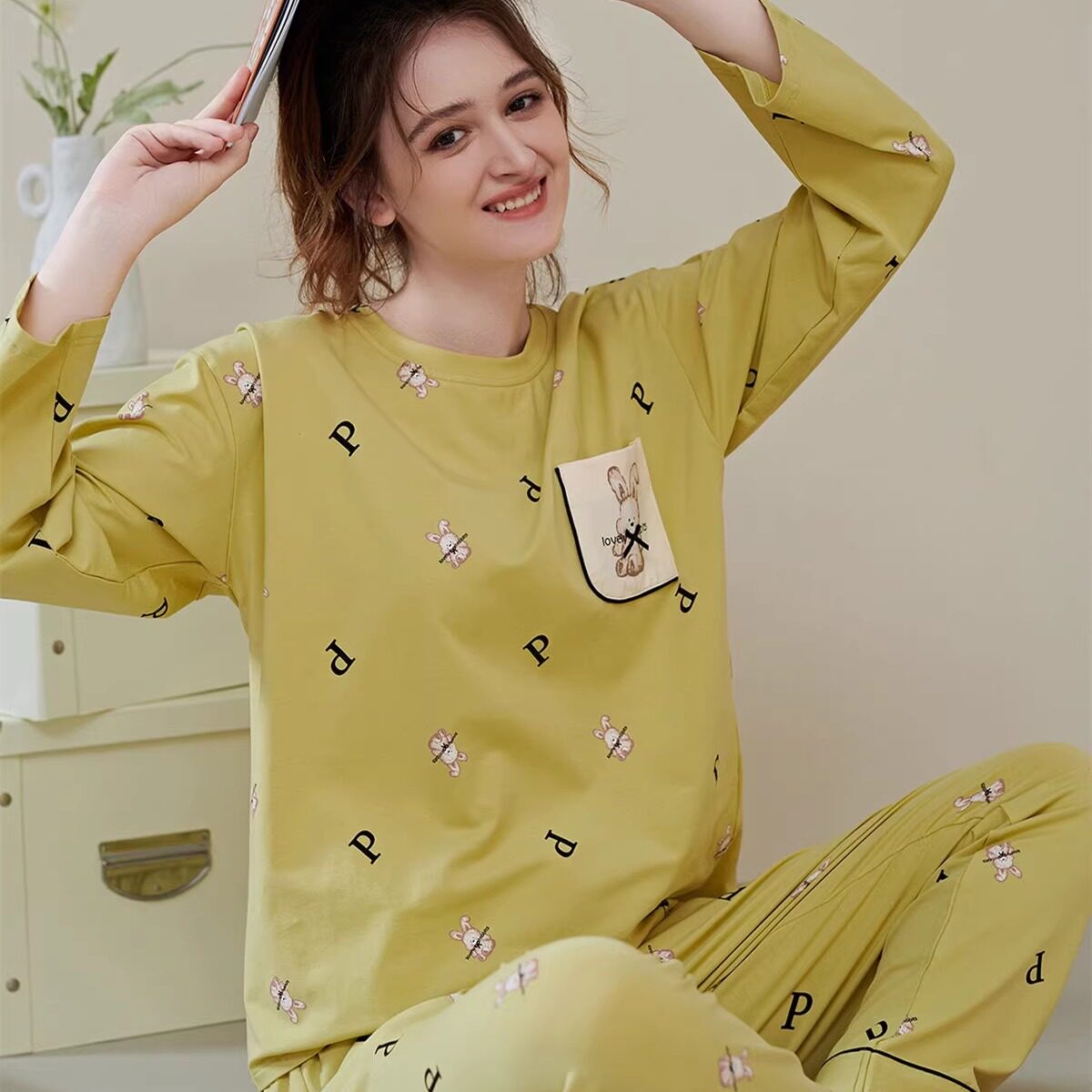 雪天丽秋季韩版少女长裤长袖套头冰爽纯棉可爱圆领睡衣家居服套装