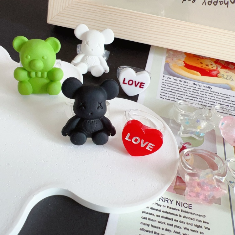 爱心小熊美式复古亚克力戒指