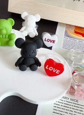 爱心小熊美式复古亚克力戒指