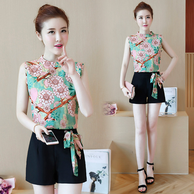 Fashion casual shorts suit 2019 Summer new Self cultivation Sleeveless Floral Chiffon shirt Wide leg pants Two piece setin the Women's clothing/Boutique , Pants , Casual pants  category - from Buy2taobao.com to provide professional Taobao agent buy service
