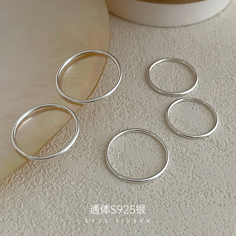 榕树下S925银韩国简约素圈戒指冷淡风个性闭口男女食指环银饰