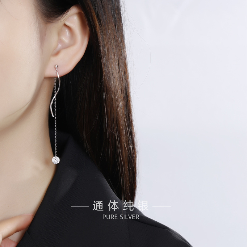 榕树下925纯银长款耳坠耳环女波浪闪钻流苏后挂式耳钉简约冷淡风