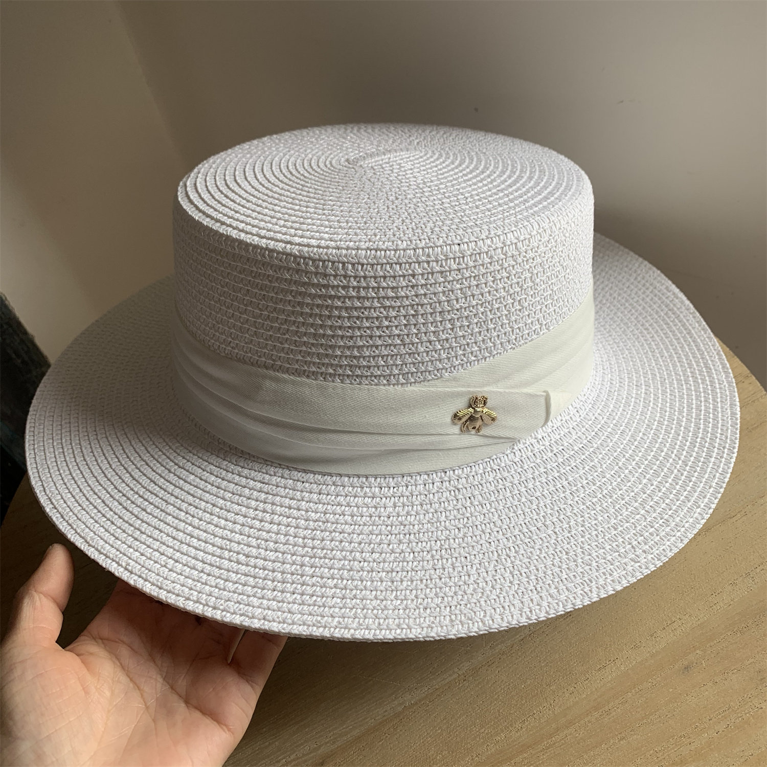 休闲白色平顶帽宽沿法式草帽男女夏季防晒帽遮阳帽沙滩帽草编帽子