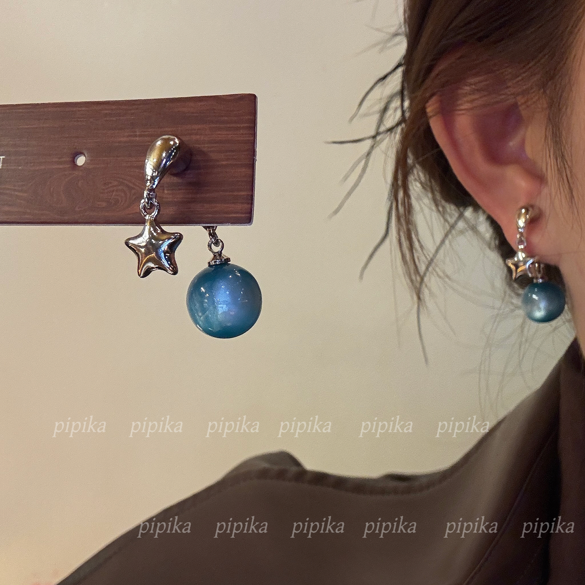 pipi原创蓝色珠光球球星星两戴式耳环耳钉耳饰女高级百搭新款银针