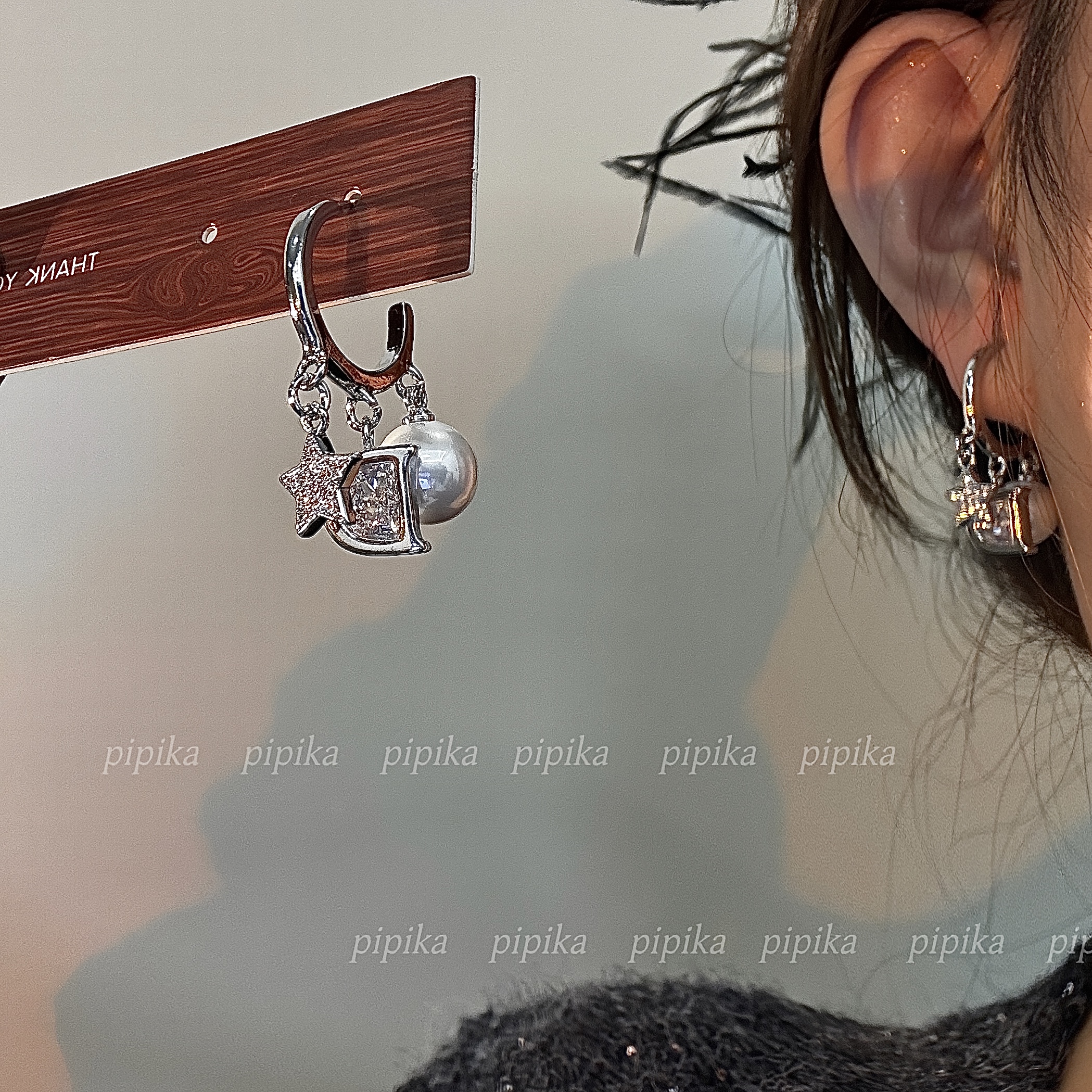 pipi原创D字母锆石珍珠星星高级定制耳环女简约轻奢耳钉银针百搭