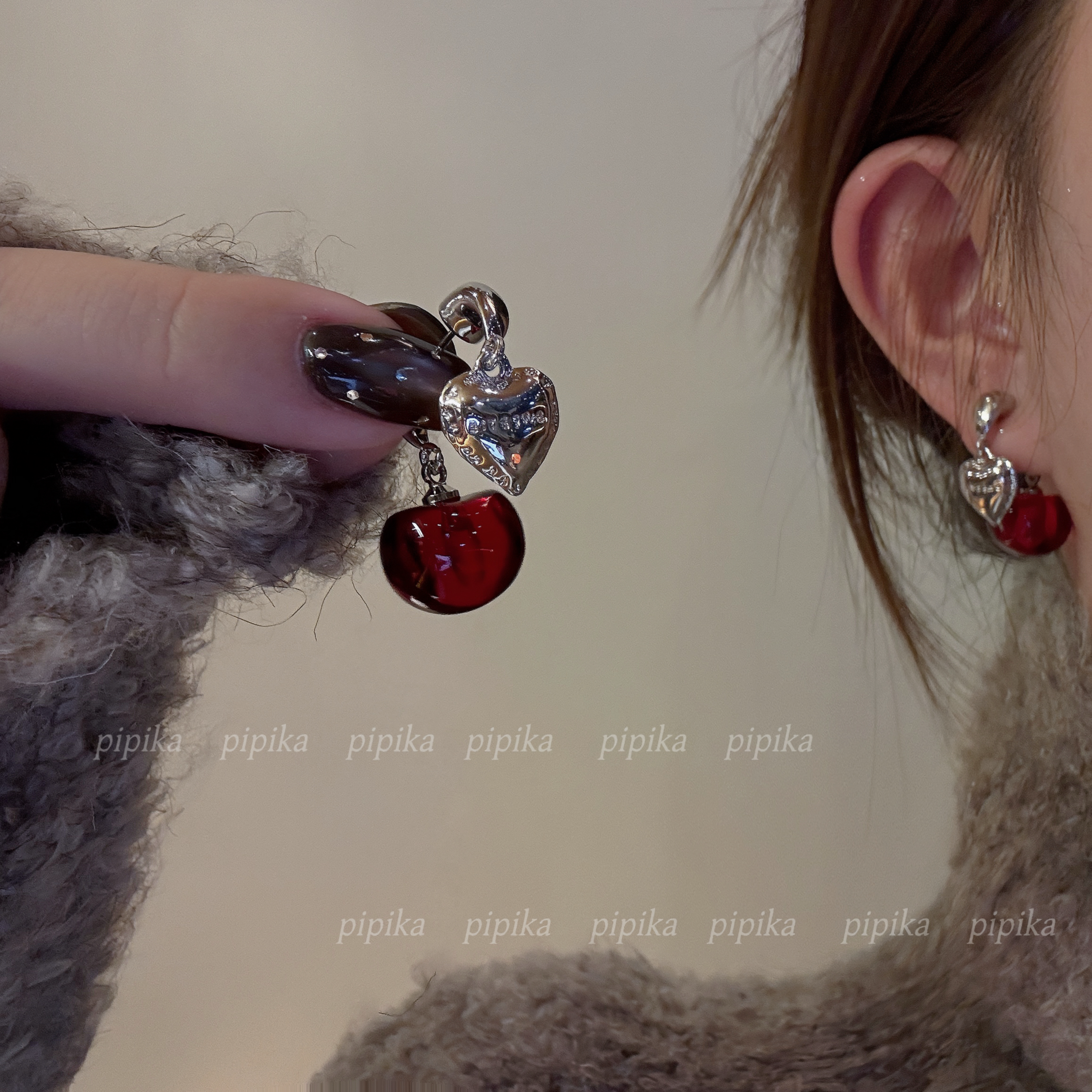 pipi原创设计安可拉红樱桃耳环前后两戴小爱心耳钉银针耳饰女神