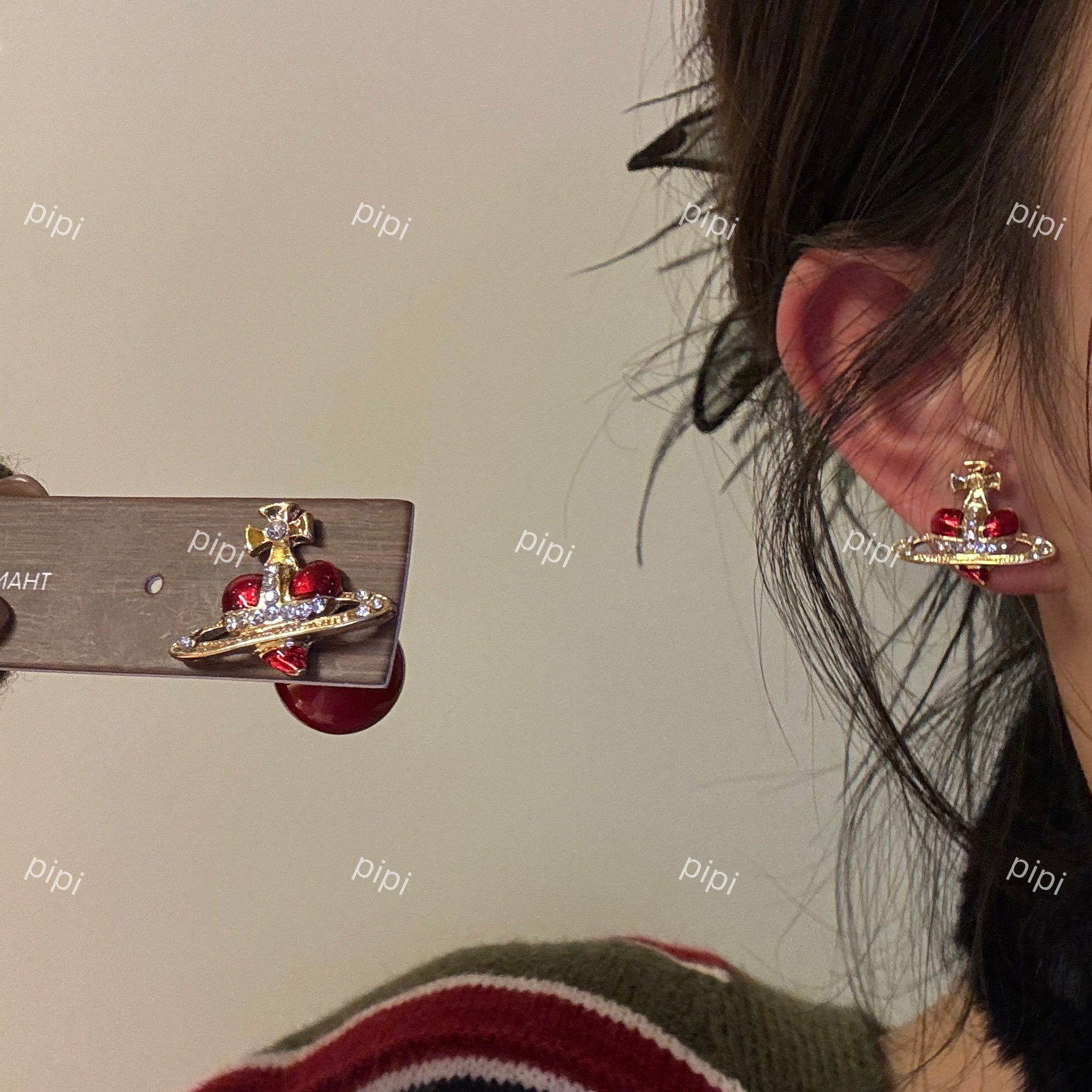 pipi西太后欧美滴油红色镶钻小爱心土星设计耳钉前后两戴百搭银针