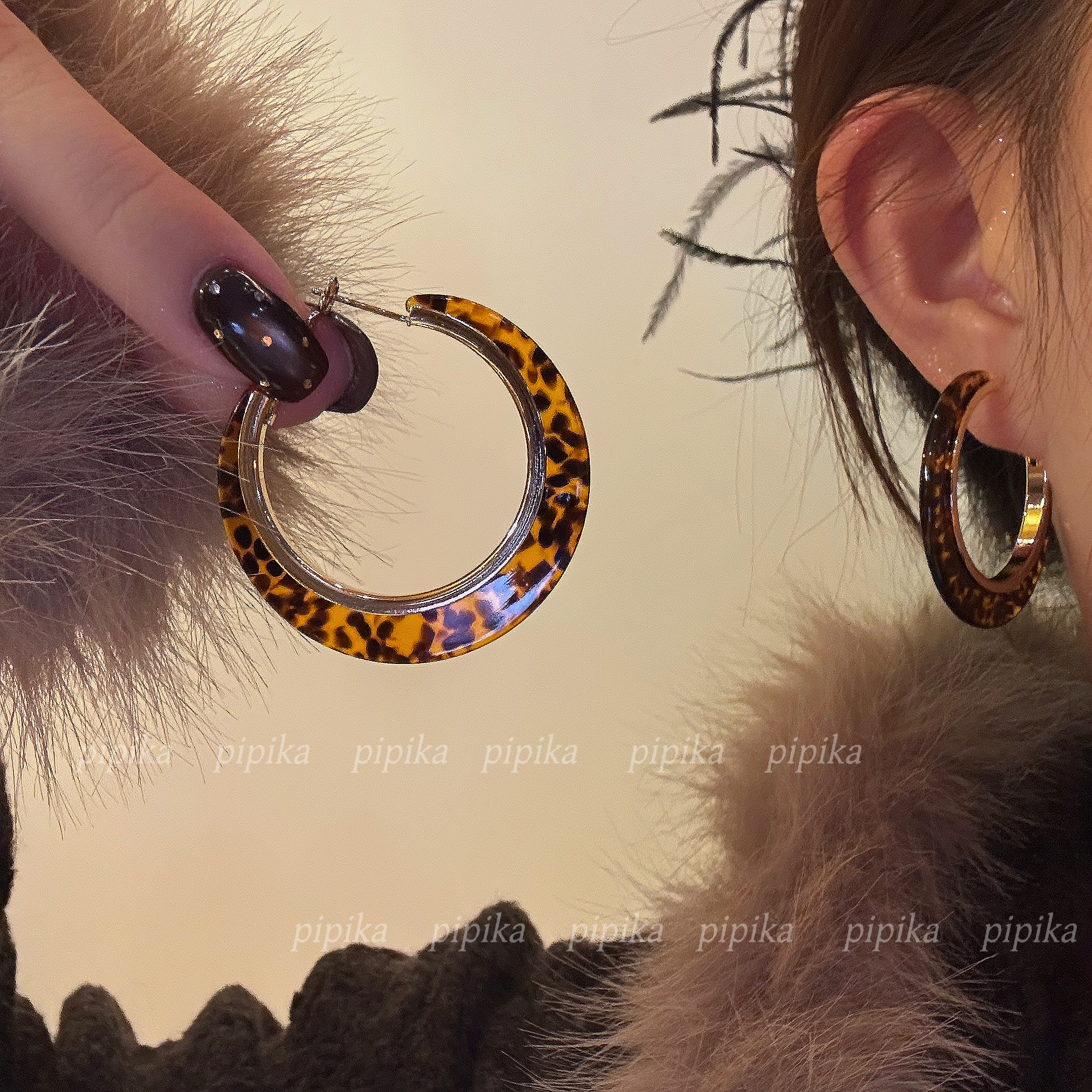pipi韩版豹纹大耳圈耳环秋冬琥珀色高级感耳饰耳钉女夸张复古个性