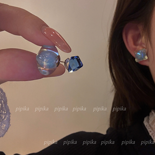 pipi～原创设计桃心通透蓝色绿色撞色亚克力炫彩方糖小众银针耳环