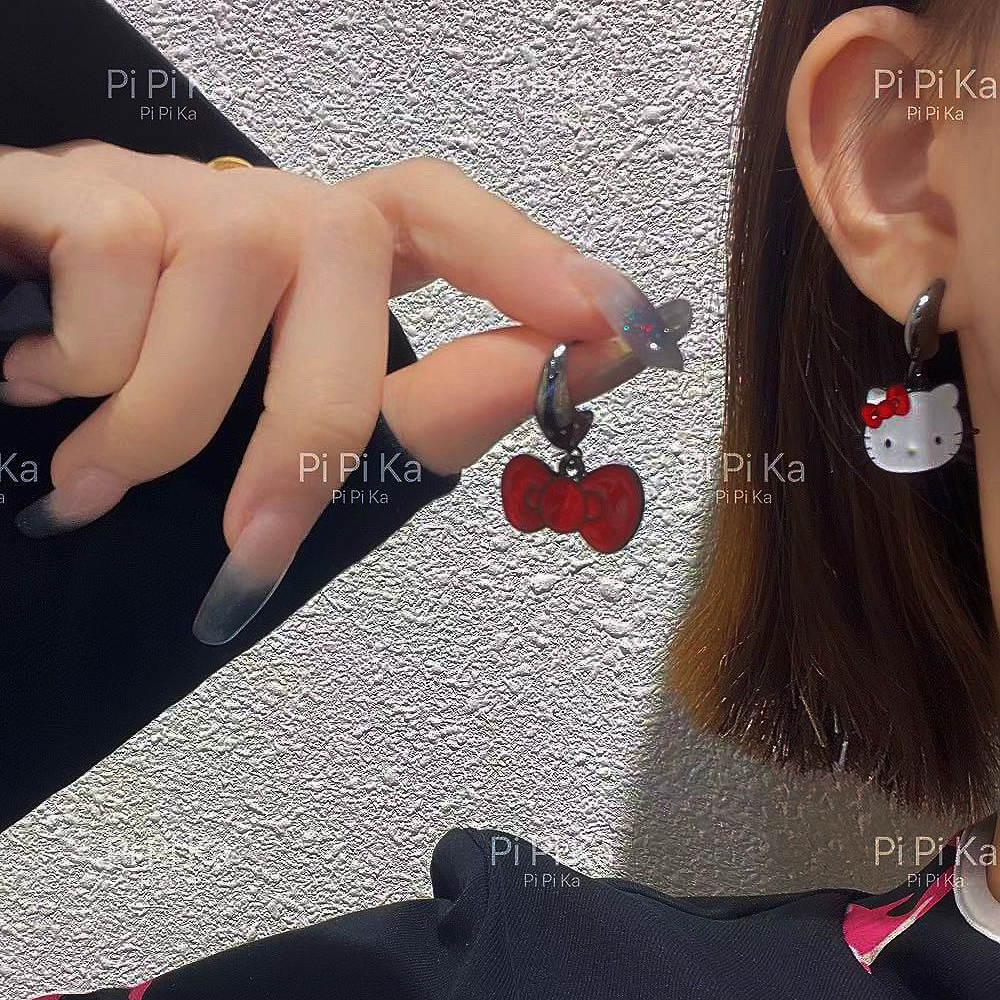 pipi韩版东大门三丽鸥kitty蝴蝶结不对称耳钉女可爱耳环甜美银针