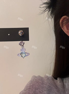 pipi原创设计爱心浅蓝色锆石土星两戴款耳钉耳环耳饰轻奢百搭银针