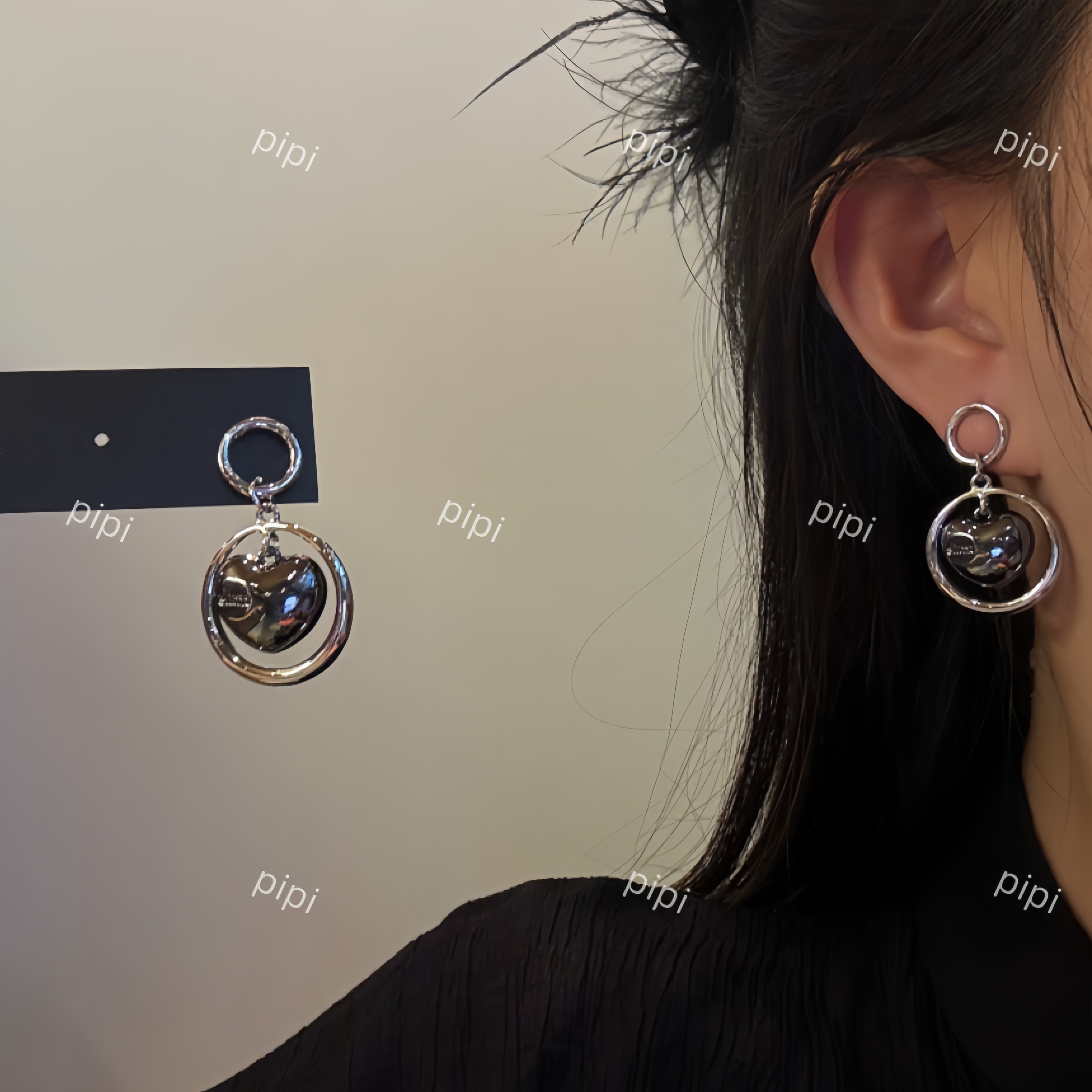pipi原创设计爱心字母双圈耳环耳圈耳饰女简约夸张百搭冷淡风银针
