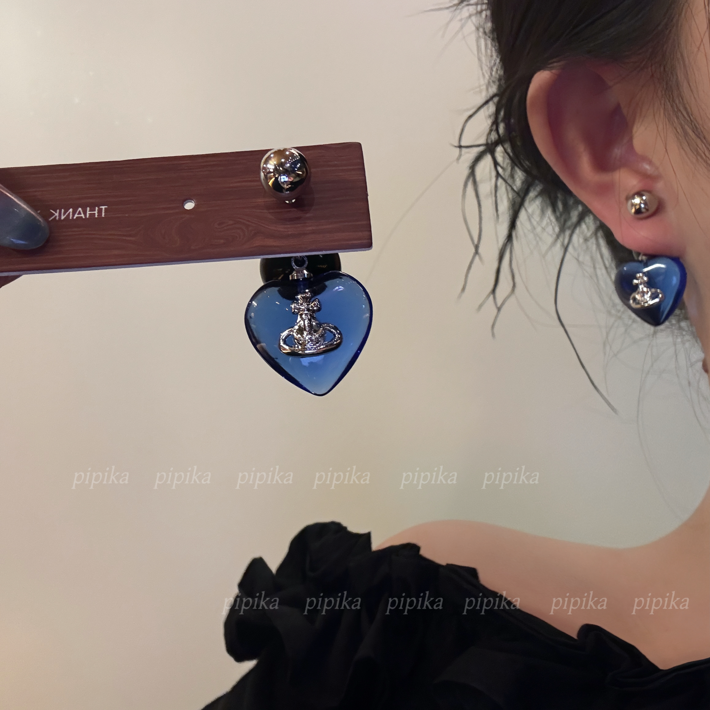 pipi原创韩版复古蓝色爱心土星珍珠耳环耳钉耳饰高级气质轻奢银针