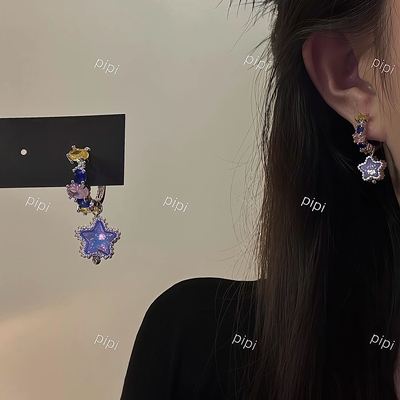 pipi原创设计彩色锆石紫色星星两戴式耳环女独特小众甜酷耳钉耳扣