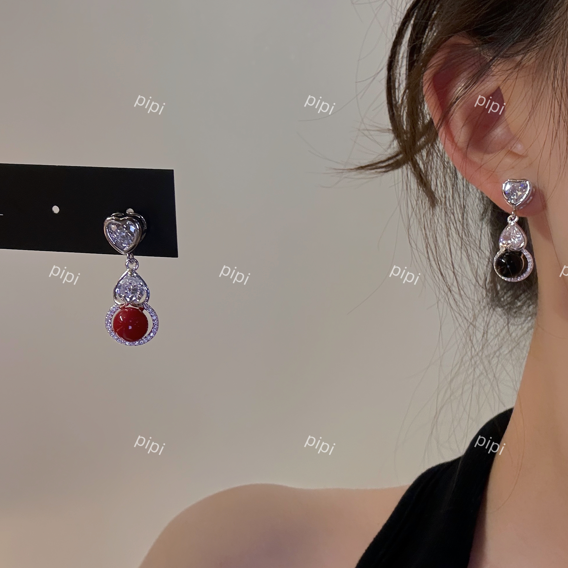 pipi原创设计复古爱心锆石珍珠双色葫芦耳环耳饰简约百搭时尚银针