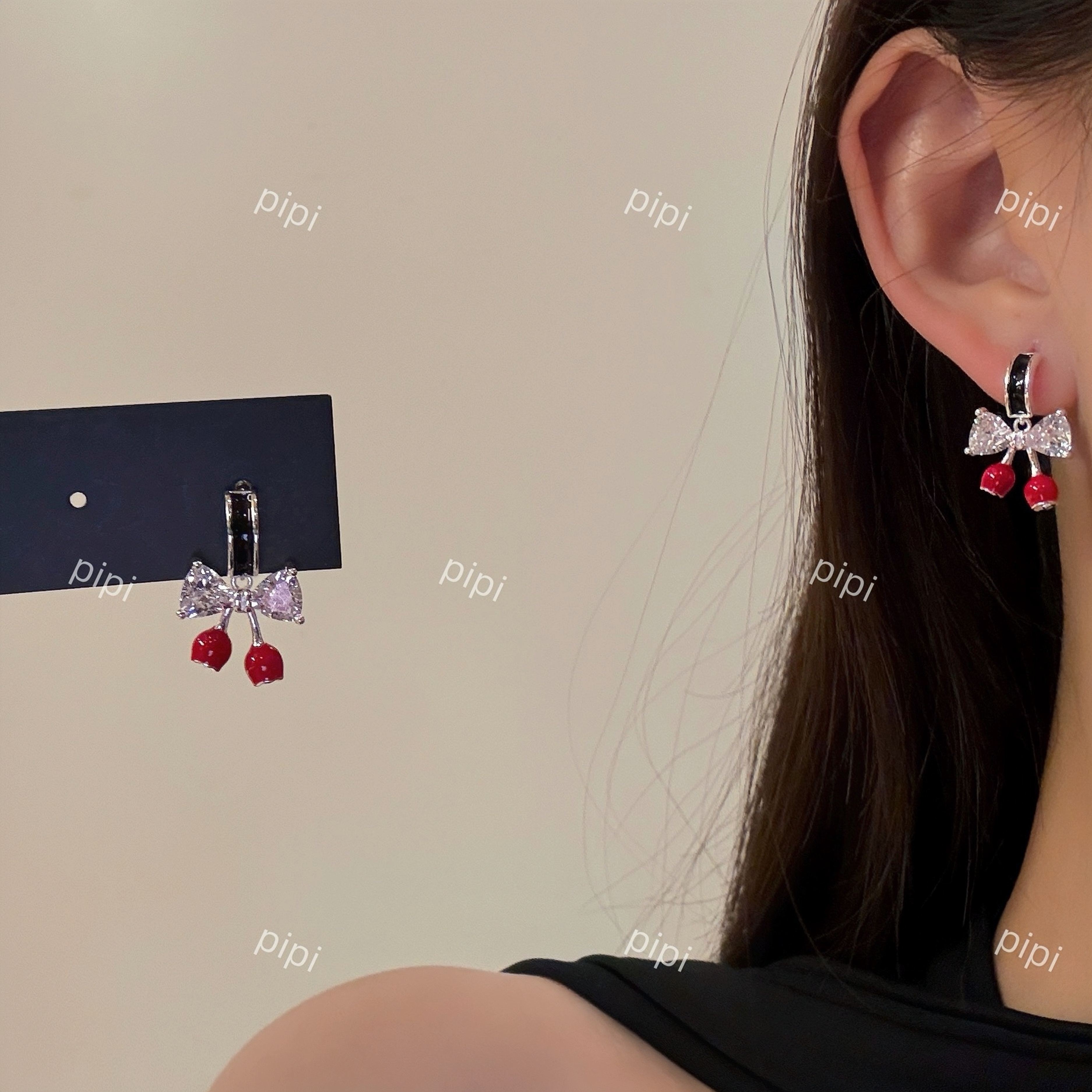 pipi原创设计滴釉红玫瑰锆石蝴蝶结珠耳环耳饰简约百搭温柔银针