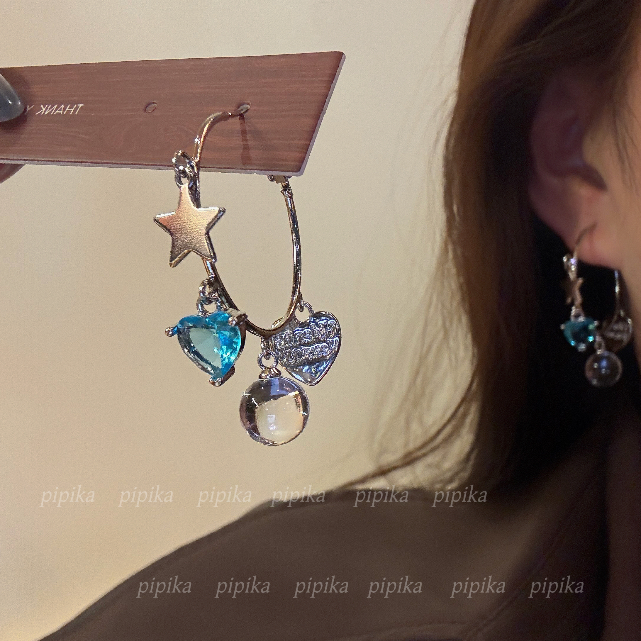 pipi原创独特个性蓝色爱心星星耳圈耳环耳钉耳饰女高级感气质银针