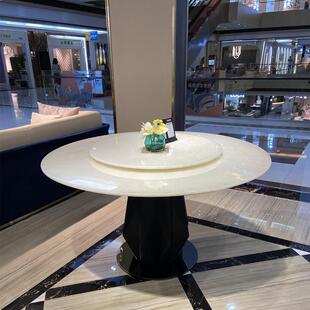 天然奢石大冰花餐桌椅组合带转盘意式轻奢大理石圆桌水晶白玉石