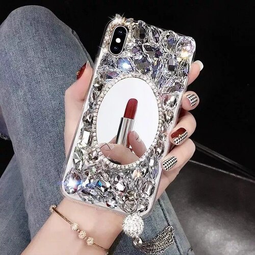 适用苹果iphone15plus14pro131211promax手机壳创意Xsmax女款XR奢华化妆镜水钻6s78plus全包防摔软壳流苏镜子