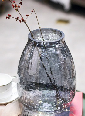 创意大号轻奢裂纹冰花玻璃花瓶琉光透明花器美式家居装饰插花摆件