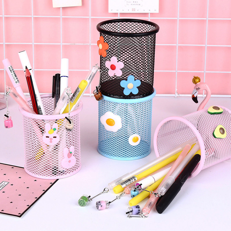 卡通金属笔筒镂空桌面收纳桶简约学生文具多功能办公彩色圆形笔筒