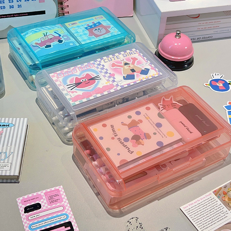 高颜值双层透明笔盒铅笔女孩款笔袋儿童小学生一年级收纳文具盒