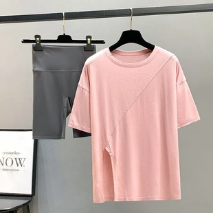 开叉瑜伽套装运动上衣女宽松速干T恤跑步罩衫大码胖mm健身服短袖