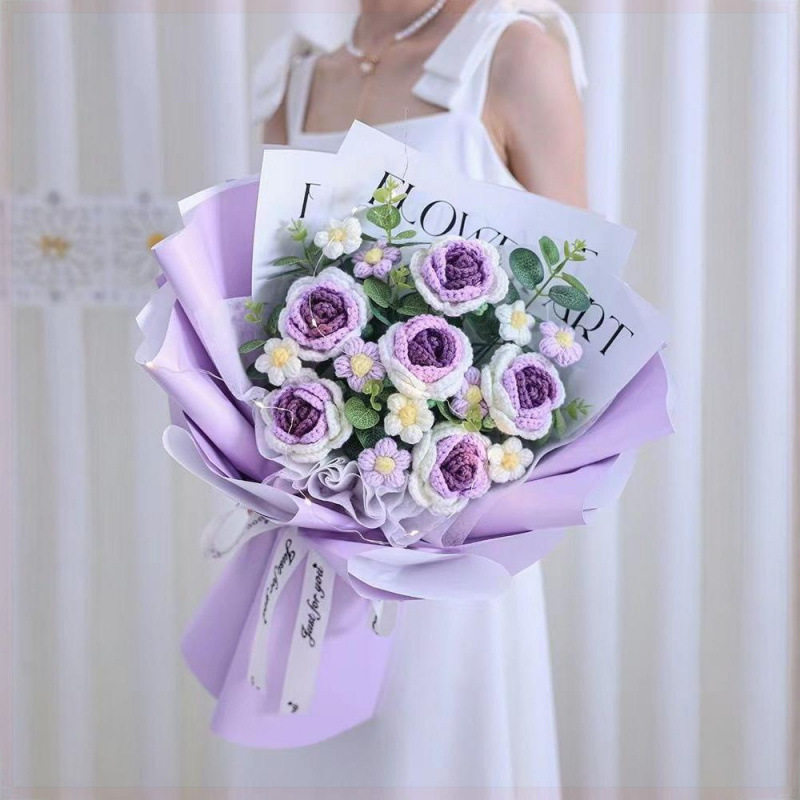 手工编织花束成品毛线钩针玫瑰花束创意送女友情人节三八妇女节