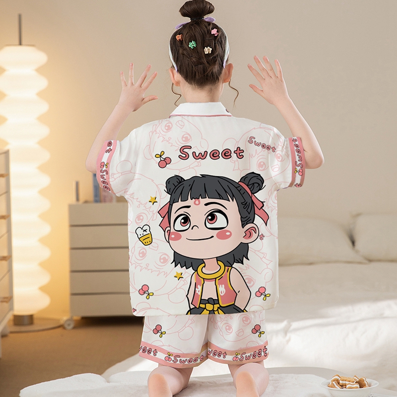 儿童睡衣夏款2025新款冰丝女童短袖薄款大童小女孩家居服哪吒套装