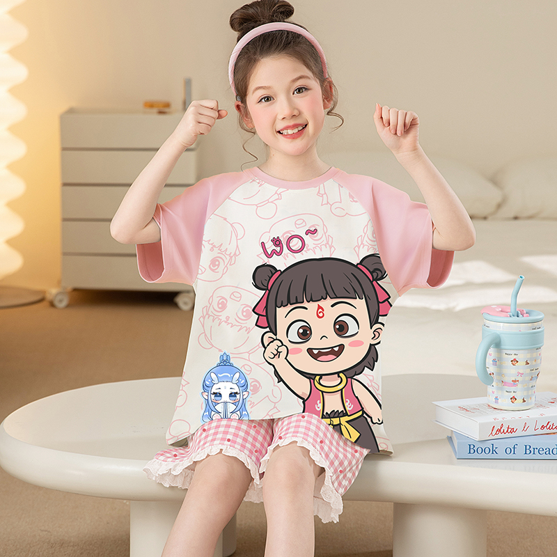 哪吒女童睡衣夏季2025新款套装儿童纯棉薄款短袖小女孩大童家居服