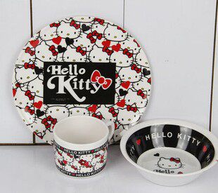 包邮~正品hellokitty美耐皿儿童餐具仿瓷防摔 碗/盘/杯三件套礼盒