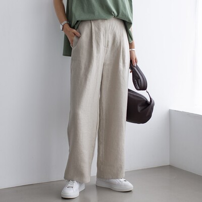 日系高端女装春款日本客供丝光亚麻休闲松紧直筒裤