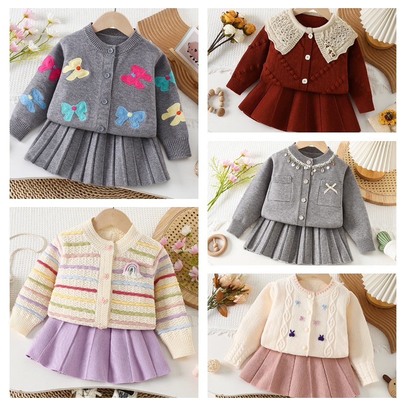 儿童2025外贸秋季新款女童女毛衣套装女童针织上衣外套短裙两件套