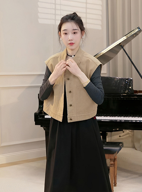 OUDOCKEE复古叠穿马甲背心女2026春季新款坎肩上衣小个子无袖外套