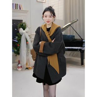 OUDOCKEE灰色羊毛呢子大衣女士冬季新款高端精致小个子毛呢短外套
